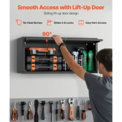VEVOR Metal Wall Cabinet, 27.56W x 12.01D x 14.02H Inch, Floating Garage Tool Cabinet with Up-Flip Door, 120 lbs Load per Shelf, Fit for Garage, Basement, Kitchen, Warehouse, Assembly Required