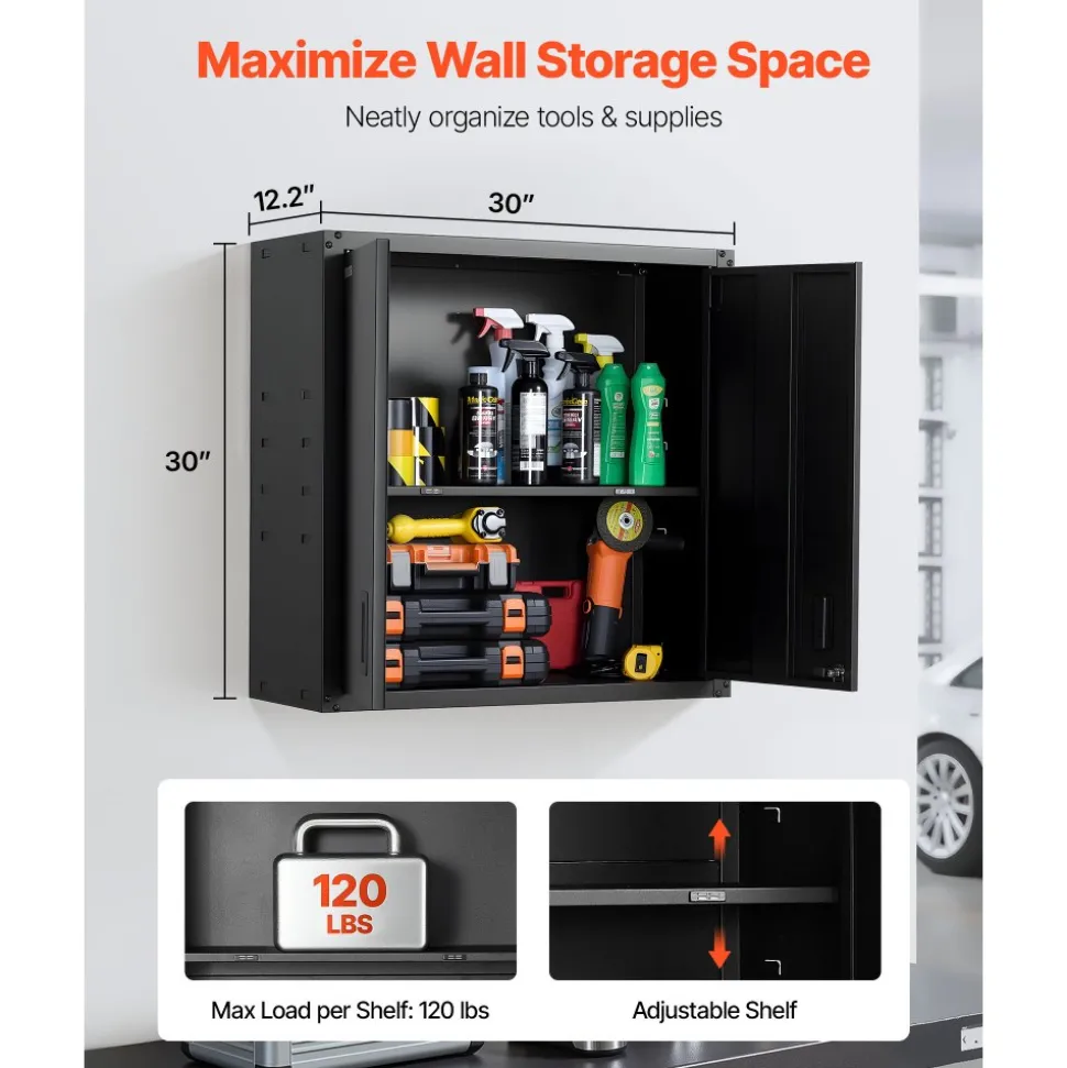 VEVOR Metal Wall Cabinet, 30W x 12.2D x 30H Inch, Steel Floating Hanging Storage Cabinet with Locking Doors and Adjustable Shelf for Garage, Basement, Kitchen, Warehouse Assembly Required, Black