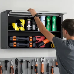 VEVOR Metal Wall Cabinet, 27.56W x 12.01D x 19.69H Inch, Floating Garage Tool Cabinet with Up-Flip Door and Shelf, 240 lbs Load Capacity, Fit for Garage, Basement, Kitchen, Warehouse Assembly Required