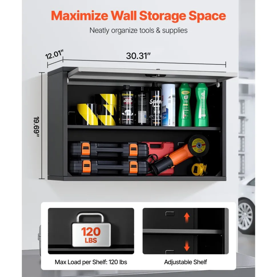 VEVOR Metal Wall Cabinet, 27.56W x 12.01D x 19.69H Inch, Floating Garage Tool Cabinet with Up-Flip Door and Shelf, 240 lbs Load Capacity, Fit for Garage, Basement, Kitchen, Warehouse Assembly Required