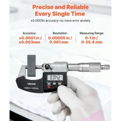 VEVOR Micrometer Set, Digital Outside Micrometer 0-1 inch Measuring Range, 0.00005" Resolution, Ultra-Precision 0.0001 Accuracy, LCD Screen, in/mm Switch, Carbide Tip, with Protective Case