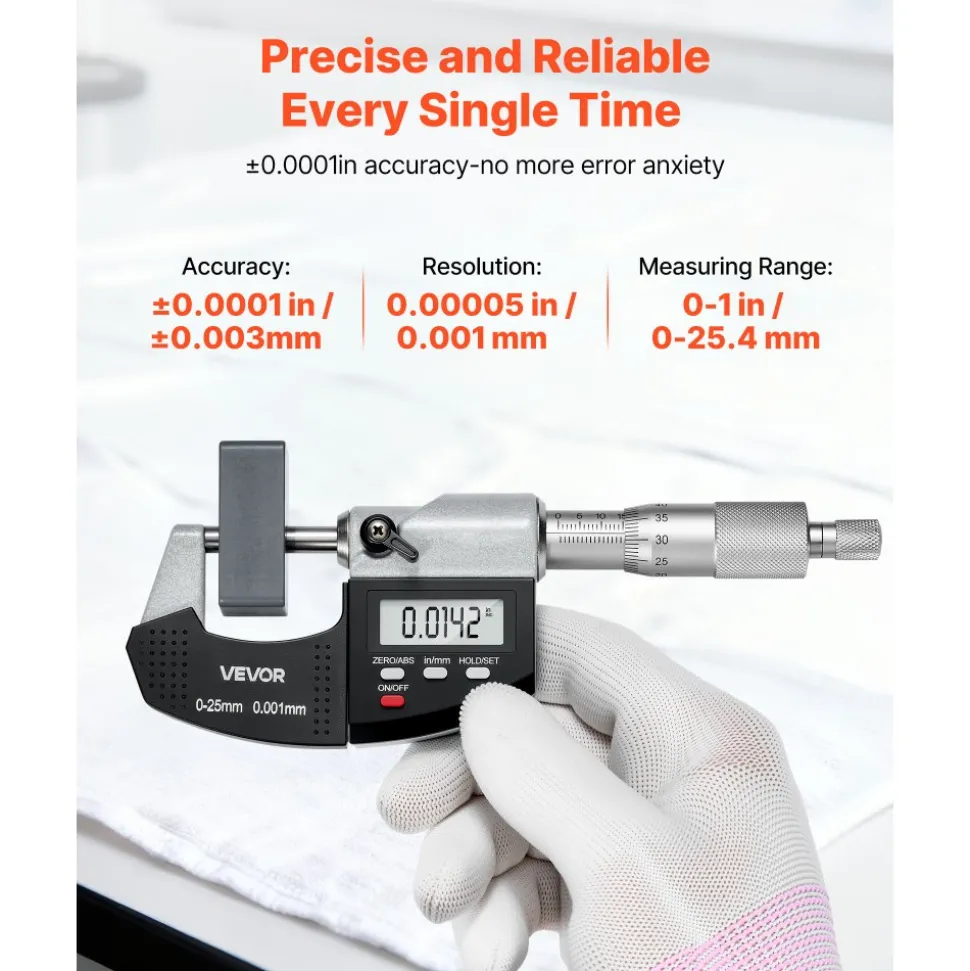 VEVOR Micrometer Set, Digital Outside Micrometer 0-1 inch Measuring Range, 0.00005" Resolution, Ultra-Precision 0.0001 Accuracy, LCD Screen, in/mm Switch, Carbide Tip, with Protective Case