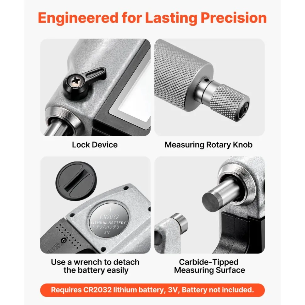 VEVOR Micrometer Set, Digital Outside Micrometer 0-1 inch Measuring Range, 0.00005" Resolution, Ultra-Precision 0.0001 Accuracy, LCD Screen, in/mm Switch, Carbide Tip, with Protective Case