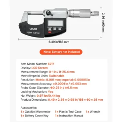 VEVOR Micrometer Set, Digital Outside Micrometer 0-1 inch Measuring Range, 0.00005