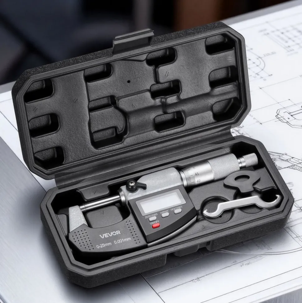 VEVOR Micrometer Set, Digital Outside Micrometer 0-1 inch Measuring Range, 0.00005" Resolution, Ultra-Precision 0.0001 Accuracy, LCD Screen, in/mm Switch, Carbide Tip, with Protective Case