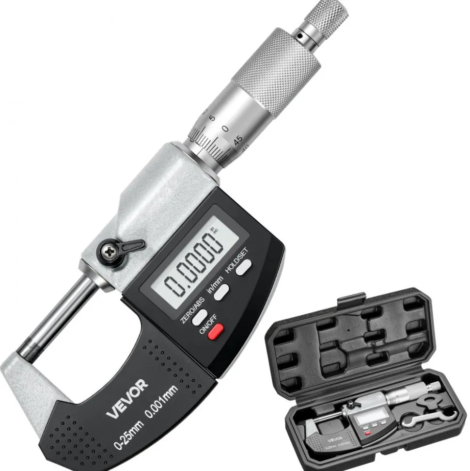 VEVOR Micrometer Set, Digital Outside Micrometer 0-1 inch Measuring Range, 0.00005" Resolution, Ultra-Precision 0.0001 Accuracy, LCD Screen, in/mm Switch, Carbide Tip, with Protective Case