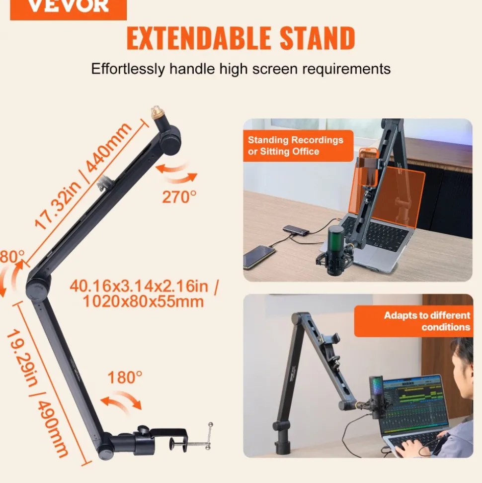 VEVOR Microphone Boom Arm with Desk Mount, 360° Rotatable, Adjustable Mic Stand with 3/8" to 5/8" Adapter Port, for Recording Blue Yeti Hyperx Quadcast Blue Snowball Shure SM7B Audio Technica
