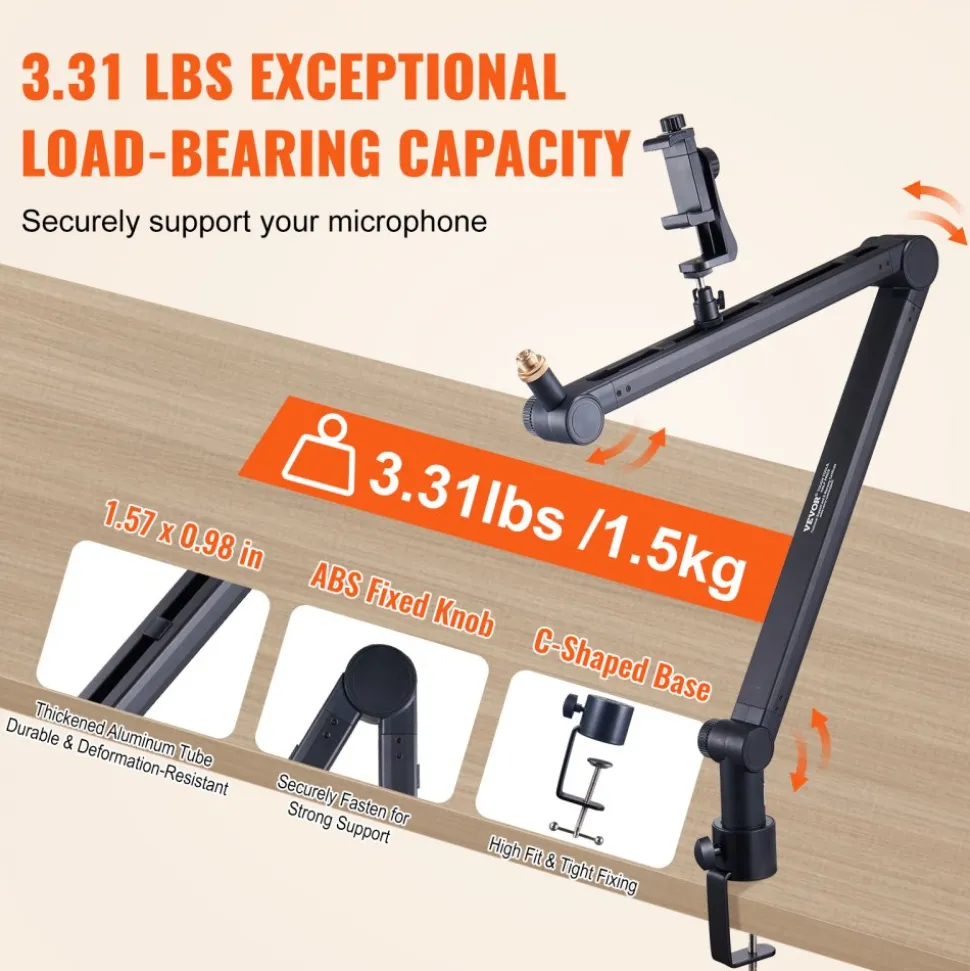 VEVOR Microphone Boom Arm with Desk Mount, 360° Rotatable, Adjustable Mic Stand with 3/8" to 5/8" Adapter Port, for Recording Blue Yeti Hyperx Quadcast Blue Snowball Shure SM7B Audio Technica