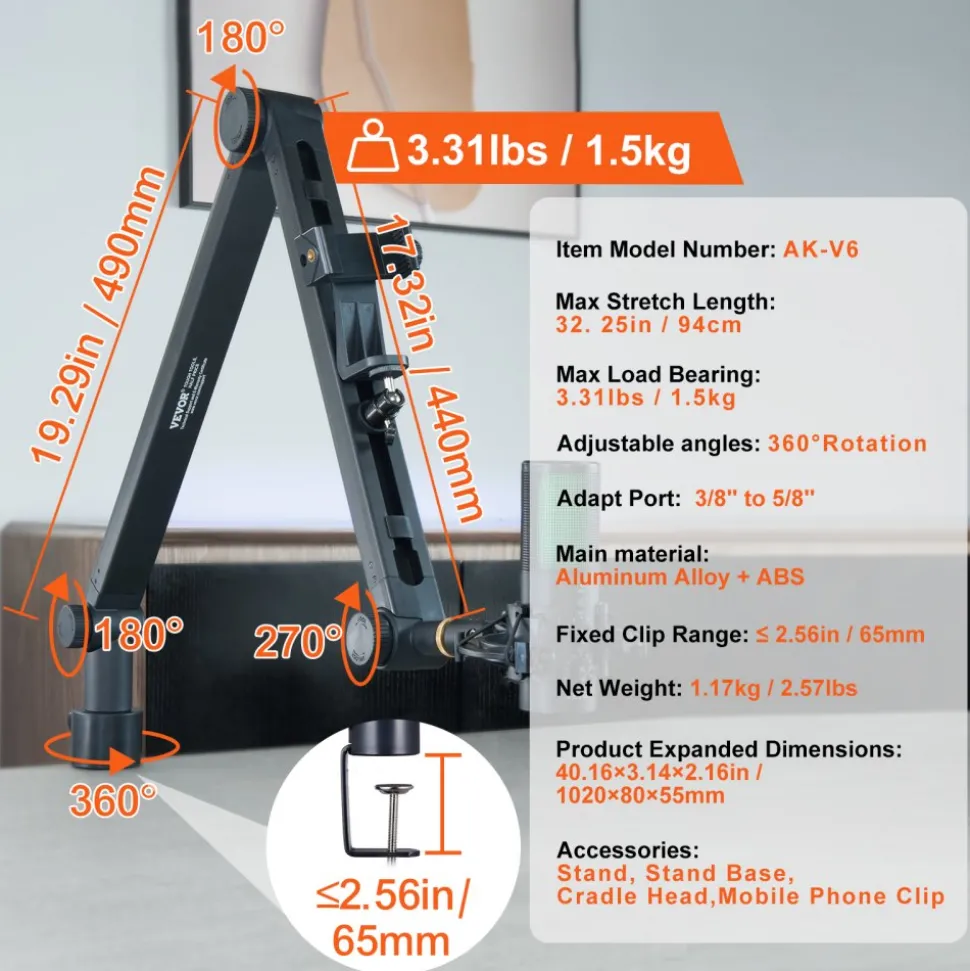 VEVOR Microphone Boom Arm with Desk Mount, 360° Rotatable, Adjustable Mic Stand with 3/8" to 5/8" Adapter Port, for Recording Blue Yeti Hyperx Quadcast Blue Snowball Shure SM7B Audio Technica