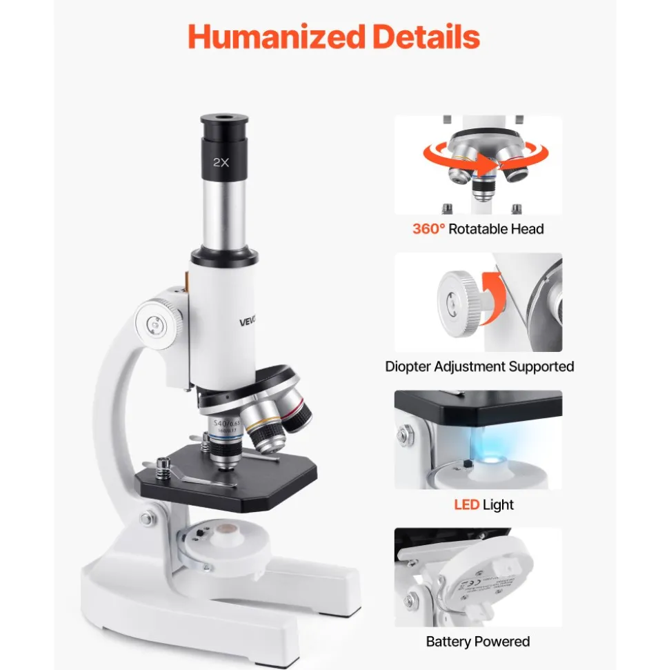 VEVOR Microscope for Kids Adults, 40X-2000X Professional Compound Microscope Mobile Phone Adapter with LED Light, for Laboratory, School, Home, Education