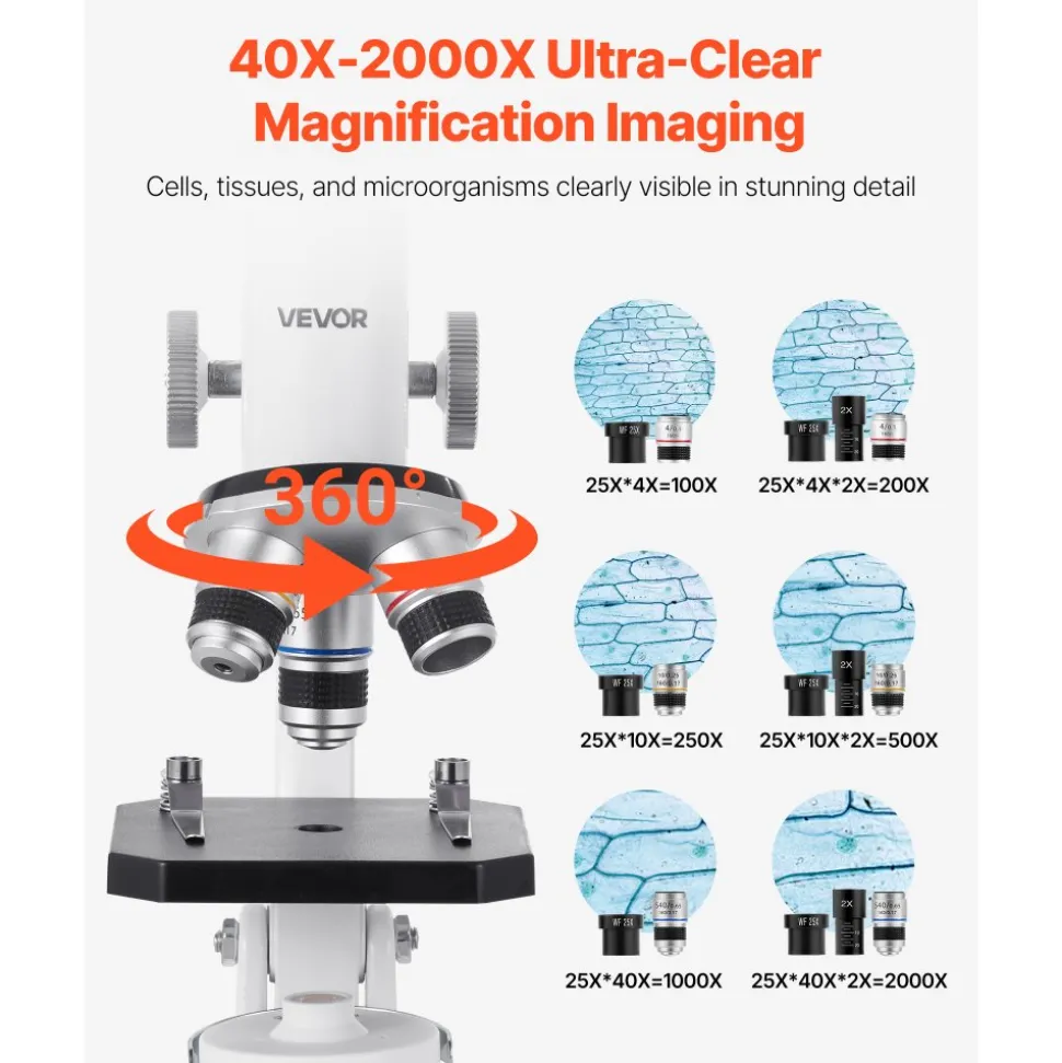 VEVOR Microscope for Kids Adults, 40X-2000X Professional Compound Microscope Mobile Phone Adapter with LED Light, for Laboratory, School, Home, Education