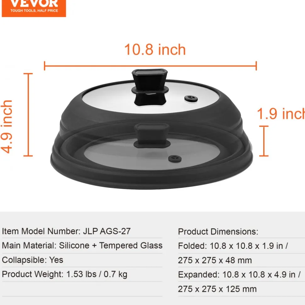 VEVOR Microwave Splatter Cover & Mat, 10.8" Collapsible Microwave Lid for Food, 500°F Heat-Resistant Silicone & Tempered Glass Splatter Guard for Plate Dish, Multi-Purpose Kitchen Gadget with Handle