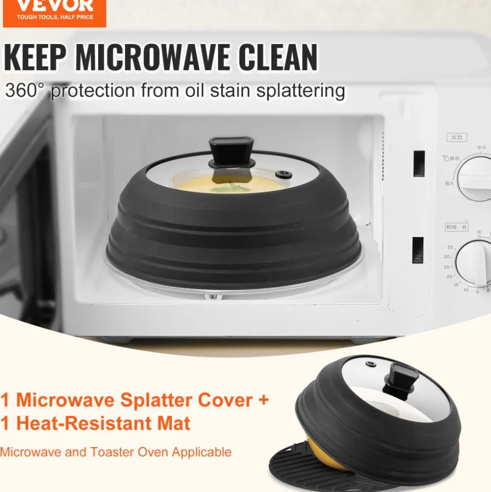 VEVOR Microwave Splatter Cover & Mat, 10.8" Collapsible Microwave Lid for Food, 500°F Heat-Resistant Silicone & Tempered Glass Splatter Guard for Plate Dish, Multi-Purpose Kitchen Gadget with Handle