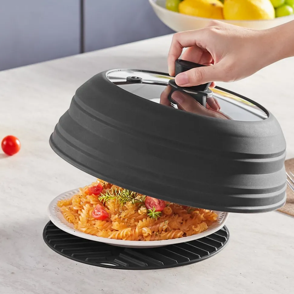 VEVOR Microwave Splatter Cover & Mat, 10.8" Collapsible Microwave Lid for Food, 500°F Heat-Resistant Silicone & Tempered Glass Splatter Guard for Plate Dish, Multi-Purpose Kitchen Gadget with Handle