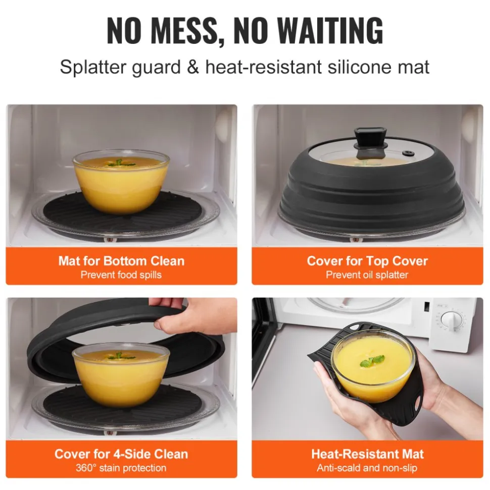 VEVOR Microwave Splatter Cover & Mat, 10.8" Collapsible Microwave Lid for Food, 500°F Heat-Resistant Silicone & Tempered Glass Splatter Guard for Plate Dish, Multi-Purpose Kitchen Gadget with Handle