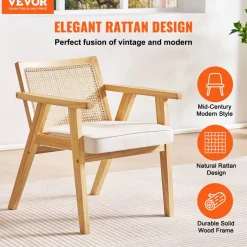 VEVOR Mid Century Modern Rattan Chair, Upholstered Velvet Accent Chair with Rattan Back, Retro Living Room Chair for Living Room, Bedroom, Reading Room, and Office, Beige