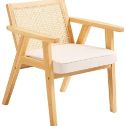VEVOR Mid Century Modern Rattan Chair, Upholstered Velvet Accent Chair with Rattan Back, Retro Living Room Chair for Living Room, Bedroom, Reading Room, and Office, Beige
