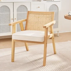 VEVOR Mid Century Modern Rattan Chair, Upholstered Velvet Accent Chair with Rattan Back, Retro Living Room Chair for Living Room, Bedroom, Reading Room, and Office, Beige