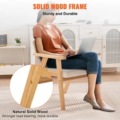 VEVOR Mid Century Modern Rattan Chair, Upholstered Velvet Accent Chair with Rattan Back, Retro Living Room Chair for Living Room, Bedroom, Reading Room, and Office, Beige