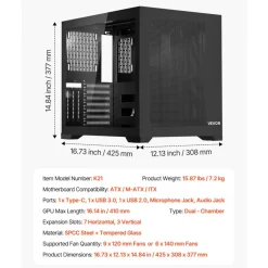 VEVOR Mid-Tower PC Case, Dual Chamber, Gaming Computer Case with Tempered Glass Panels, Magnetic Dust Filter, Cable Management, for GPU up to 410 mm in Length, Compatible with ATX/M-ATX/ITX, No Fan