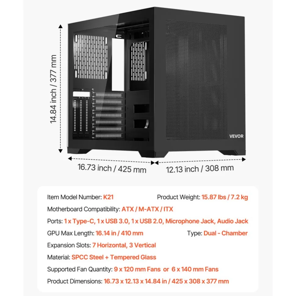 VEVOR Mid-Tower PC Case, Dual Chamber, Gaming Computer Case with Tempered Glass Panels, Magnetic Dust Filter, Cable Management, for GPU up to 410 mm in Length, Compatible with ATX/M-ATX/ITX, No Fan