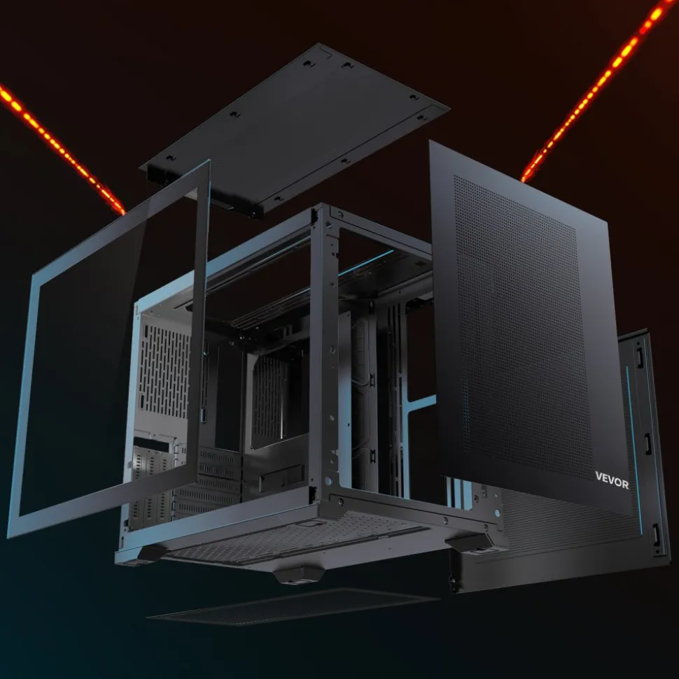 VEVOR Mid-Tower PC Case, Dual Chamber, Gaming Computer Case with Tempered Glass Panels, Magnetic Dust Filter, Cable Management, for GPU up to 410 mm in Length, Compatible with ATX/M-ATX/ITX, No Fan