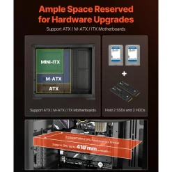 VEVOR Mid-Tower PC Case, Dual Chamber, Gaming Computer Case with Tempered Glass Panels, Magnetic Dust Filter, Cable Management, for GPU up to 410 mm in Length, Compatible with ATX/M-ATX/ITX, No Fan