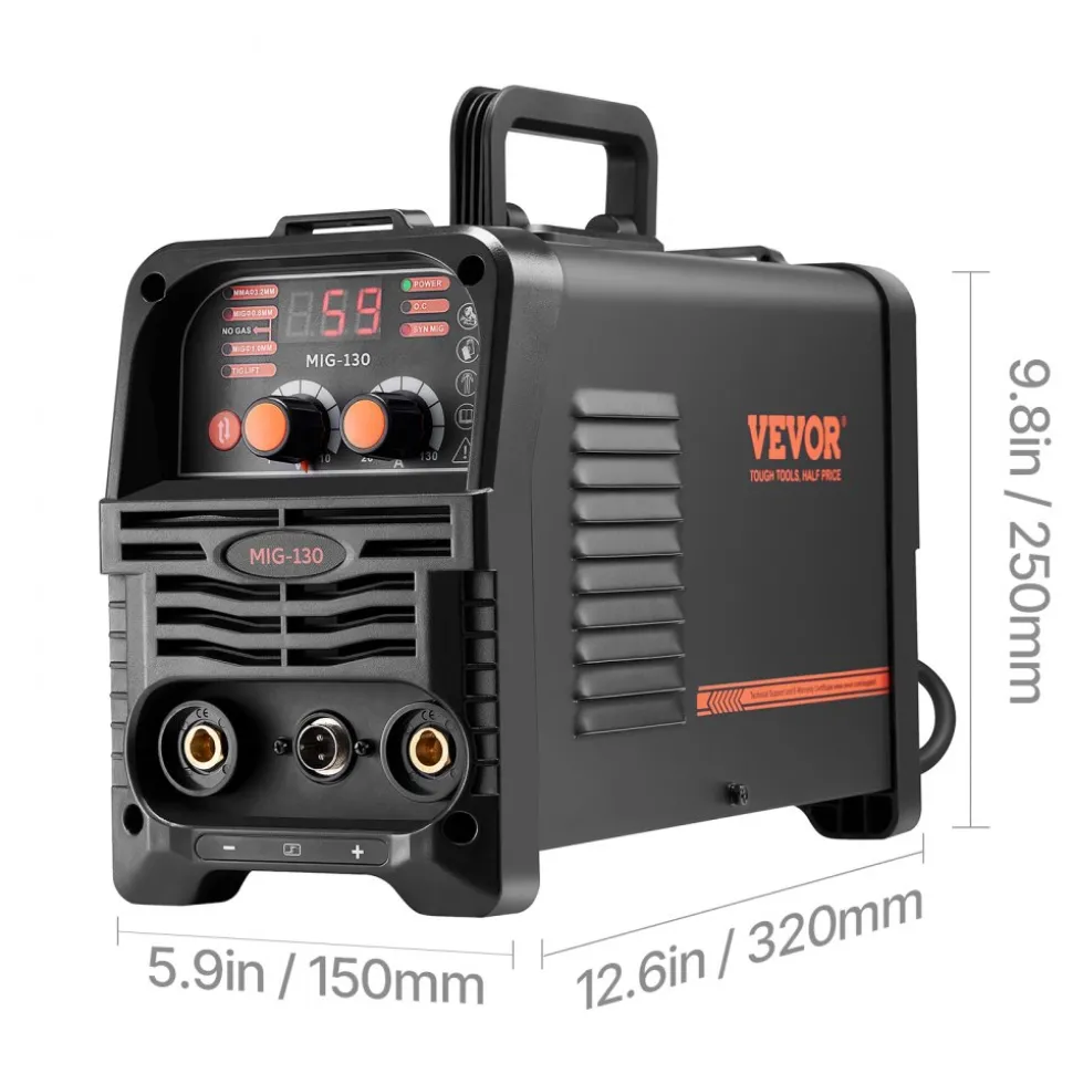 VEVOR MIG Welder, 130Amp Synergic Mig Welding Machine, 3-in-1 Flux Core MIG/Stick/Lift TIG Multi-Process Welder Machine, 110V Portable Mig Welder with IGBT Inverter Technology & Digital Display Screen