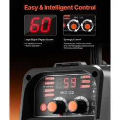 VEVOR MIG Welder, 130Amp Synergic Mig Welding Machine, 3-in-1 Flux Core MIG/Stick/Lift TIG Multi-Process Welder Machine, 110V Portable Mig Welder with IGBT Inverter Technology & Digital Display Screen