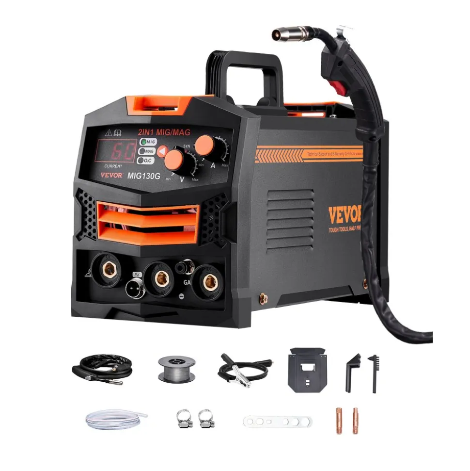 VEVOR MIG Welder, 130A Synergic Mig Welding Machine, 2-in-1 Gas MIG/Gasless Flux Core MIG Multi-Process Welder Machine, 110V Portable Mig Welder with IGBT Inverter Technology & Digital Display Screen