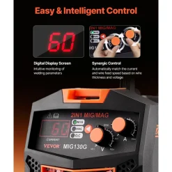 VEVOR MIG Welder, 130A Synergic Mig Welding Machine, 2-in-1 Gas MIG/Gasless Flux Core MIG Multi-Process Welder Machine, 110V Portable Mig Welder with IGBT Inverter Technology & Digital Display Screen