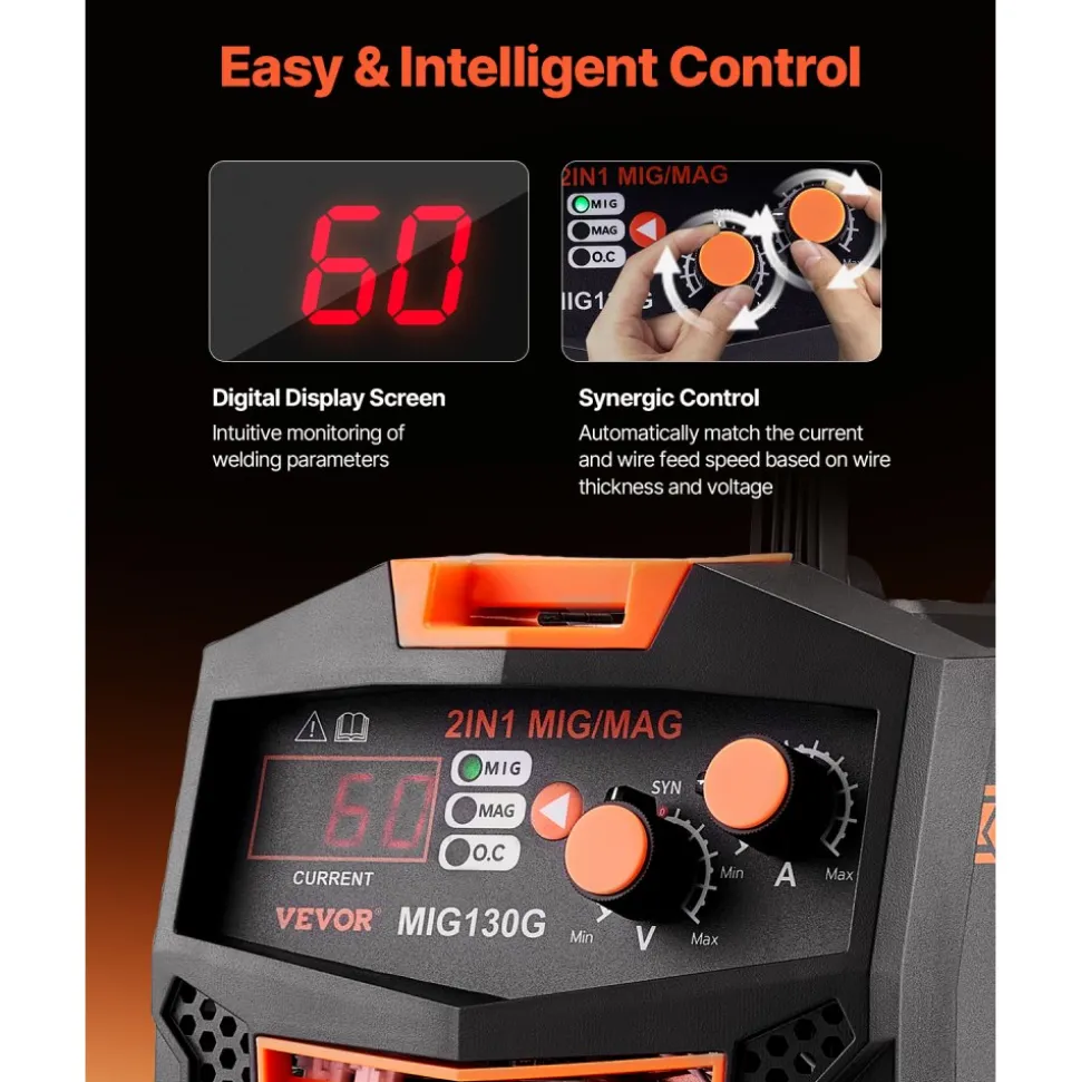 VEVOR MIG Welder, 130A Synergic Mig Welding Machine, 2-in-1 Gas MIG/Gasless Flux Core MIG Multi-Process Welder Machine, 110V Portable Mig Welder with IGBT Inverter Technology & Digital Display Screen