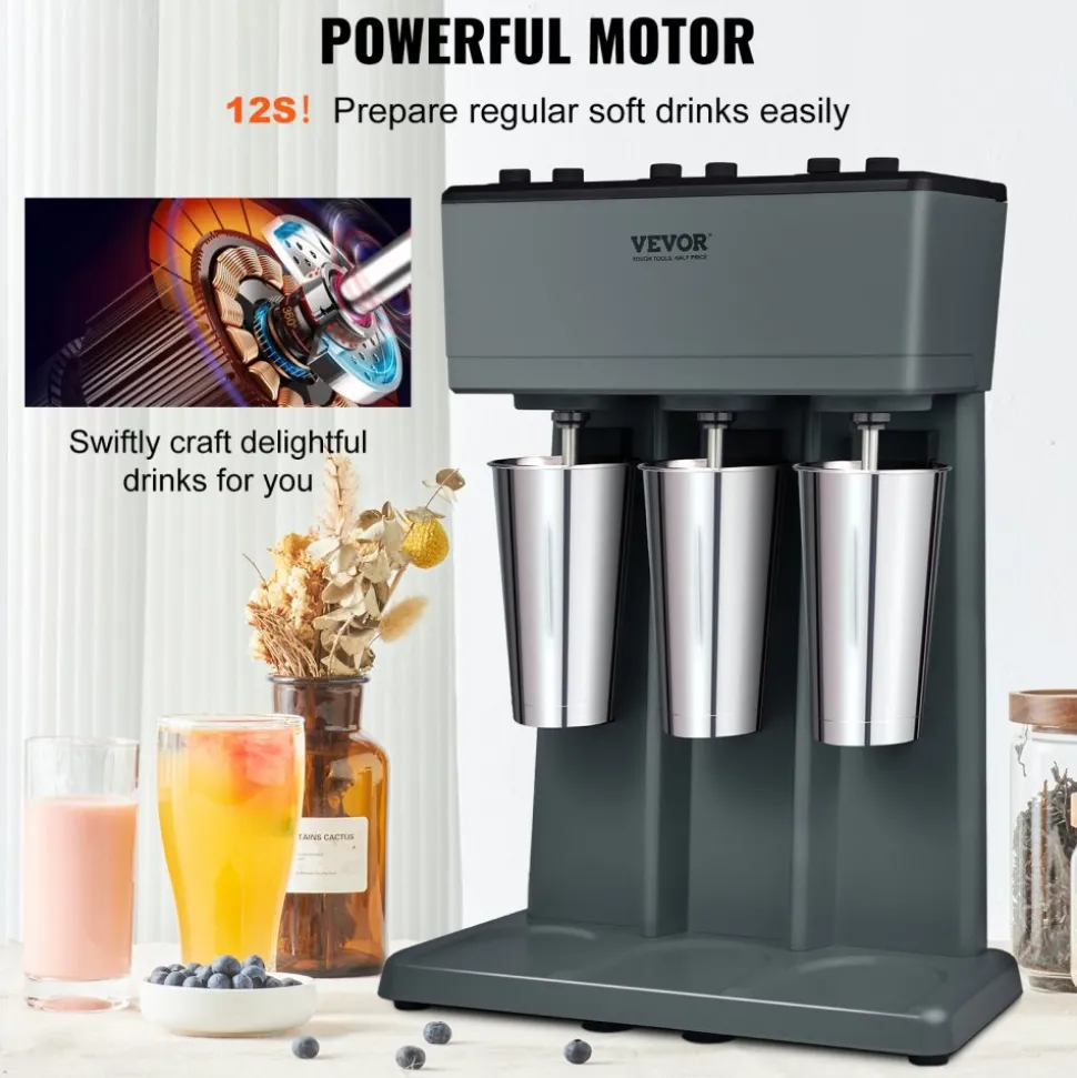 VEVOR Milkshake Machine, 375W x 3 Milkshake Maker Mixer, Triple Head Drink Mixer Blender Machine, 3-Speed Milkshake Blender with 3 x 820ml Stainless Steel Cup for Commercial
