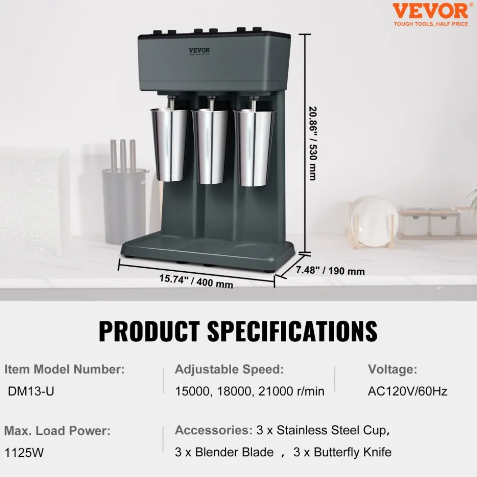 VEVOR Milkshake Machine, 375W x 3 Milkshake Maker Mixer, Triple Head Drink Mixer Blender Machine, 3-Speed Milkshake Blender with 3 x 820ml Stainless Steel Cup for Commercial