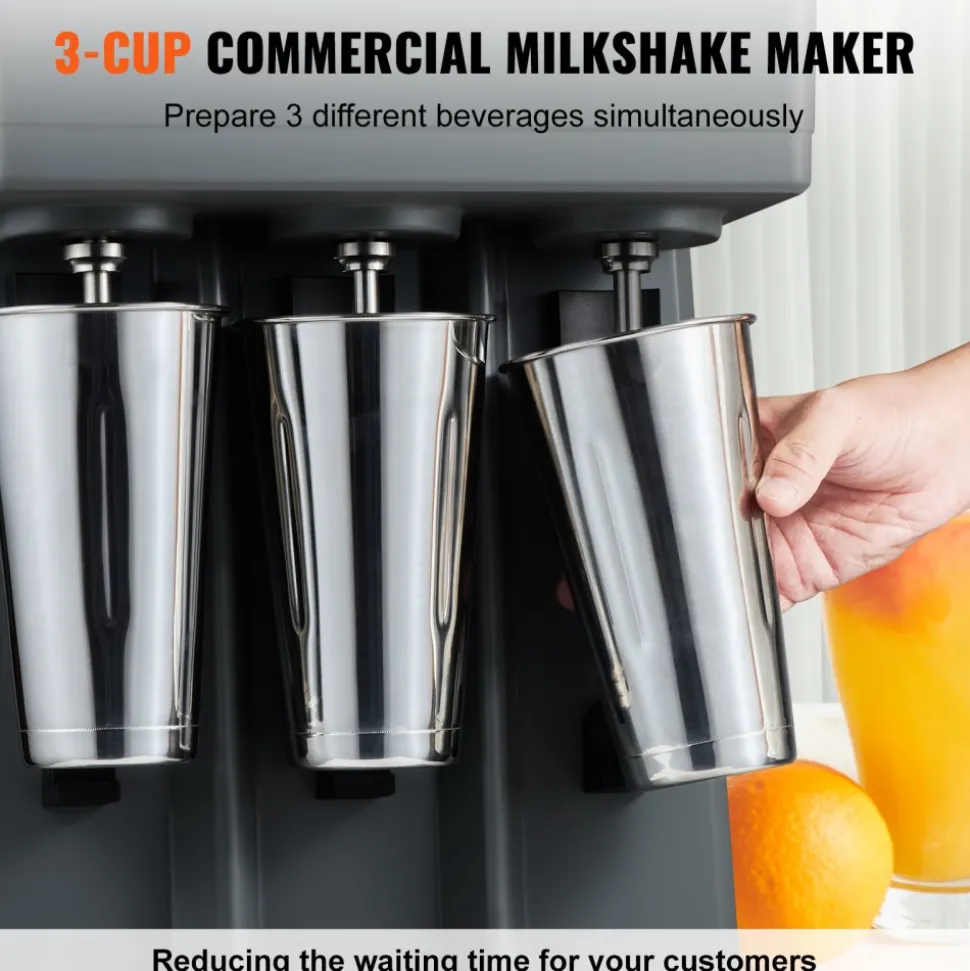 VEVOR Milkshake Machine, 375W x 3 Milkshake Maker Mixer, Triple Head Drink Mixer Blender Machine, 3-Speed Milkshake Blender with 3 x 820ml Stainless Steel Cup for Commercial
