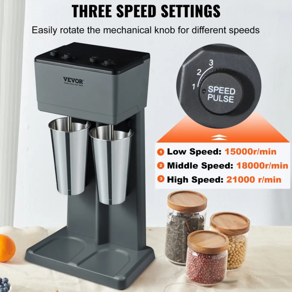 VEVOR Milkshake Machine, 375W x 2 Milkshake Maker Mixer, Dual Head Drink Mixer Blender Machine, 3-Speed Milkshake Blender with 2 x 820ml Stainless Steel Cup for Commercial