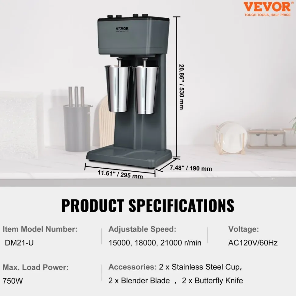 VEVOR Milkshake Machine, 375W x 2 Milkshake Maker Mixer, Dual Head Drink Mixer Blender Machine, 3-Speed Milkshake Blender with 2 x 820ml Stainless Steel Cup for Commercial