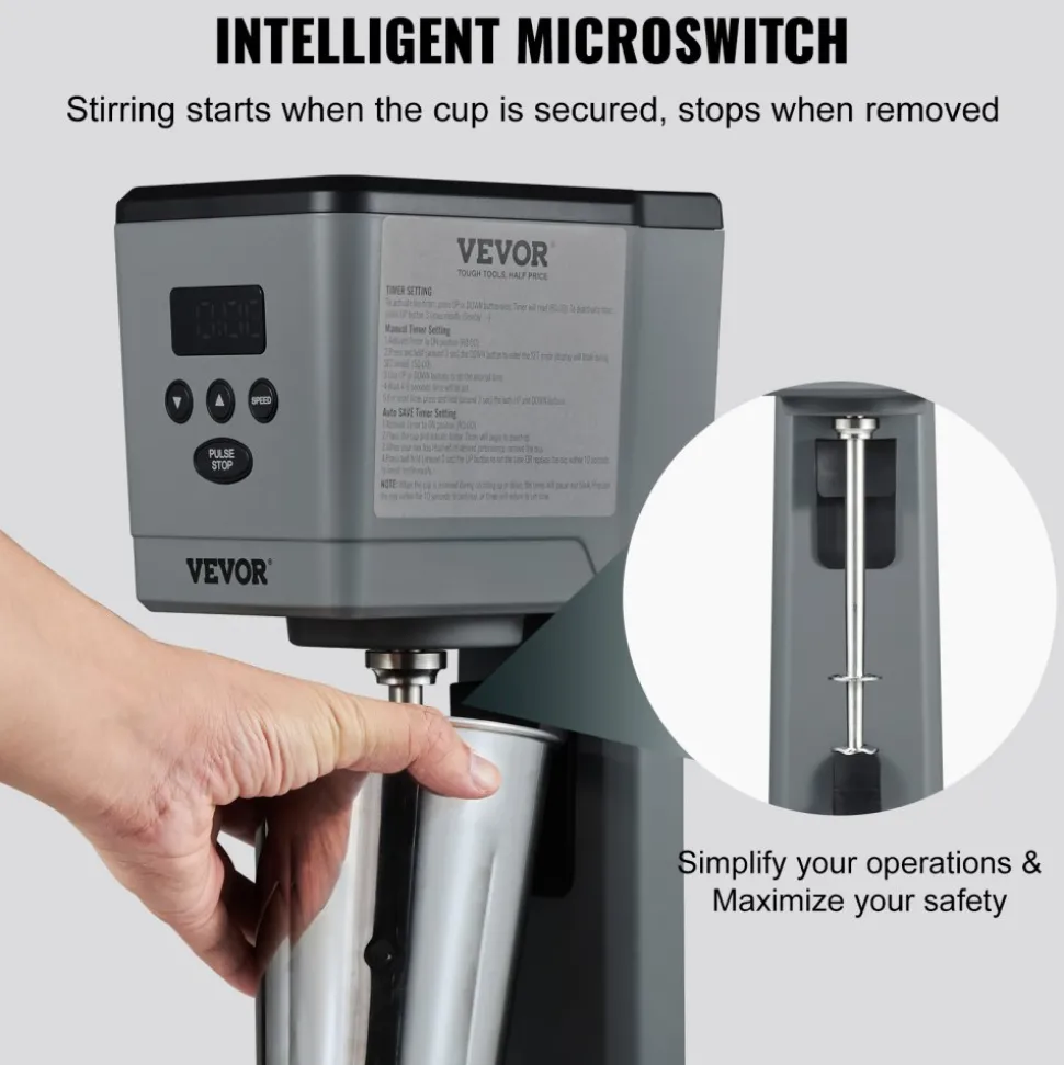 VEVOR Milkshake Maker, 375W Electric Milkshake Machine, Single Head Drink Mixer Blender Machine, LED Intelligent Microswitch, 3-Speed Milkshake Mixer with 820 ml Stainless Steel Cup