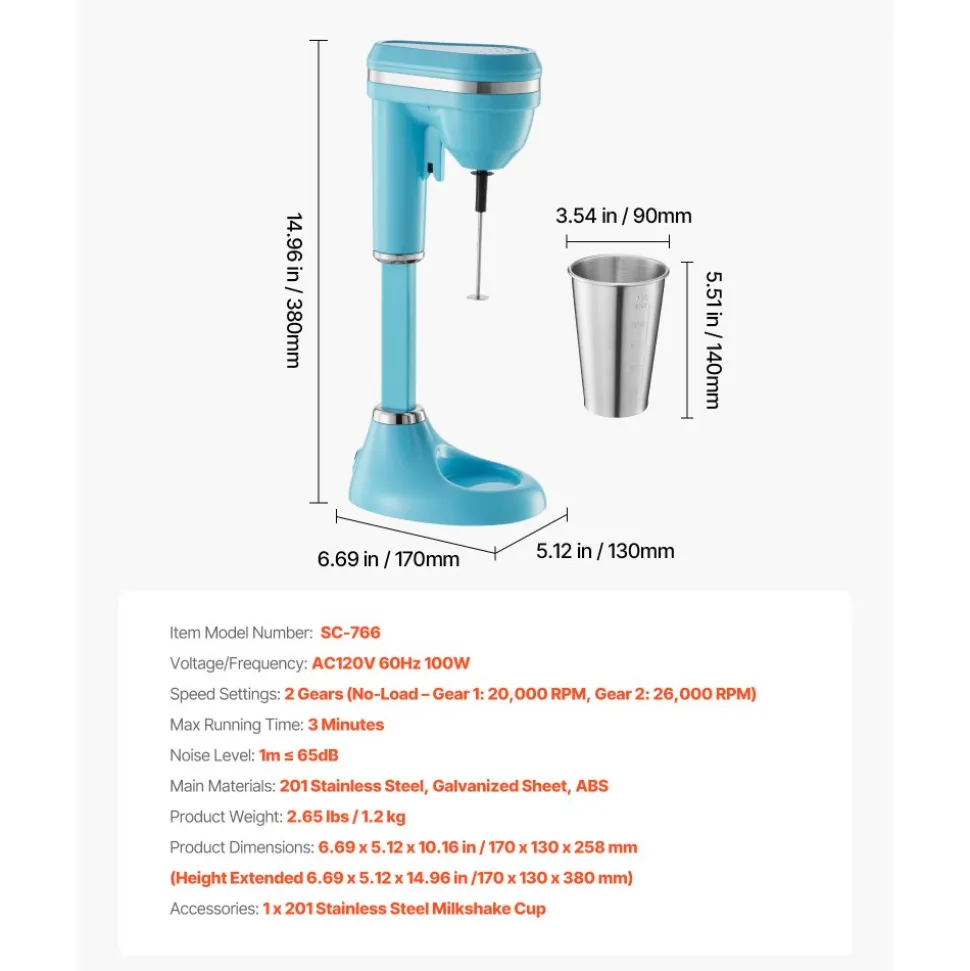 VEVOR Milkshake Maker, 100W Milk Shake Maker Mixer, Single Head Drink Mixer Blender Machine, Dual-Speed Adjustment Milkshake Blender with Stainless Steel Cup, for Home, Kitchen, Bar & Beverage Shop