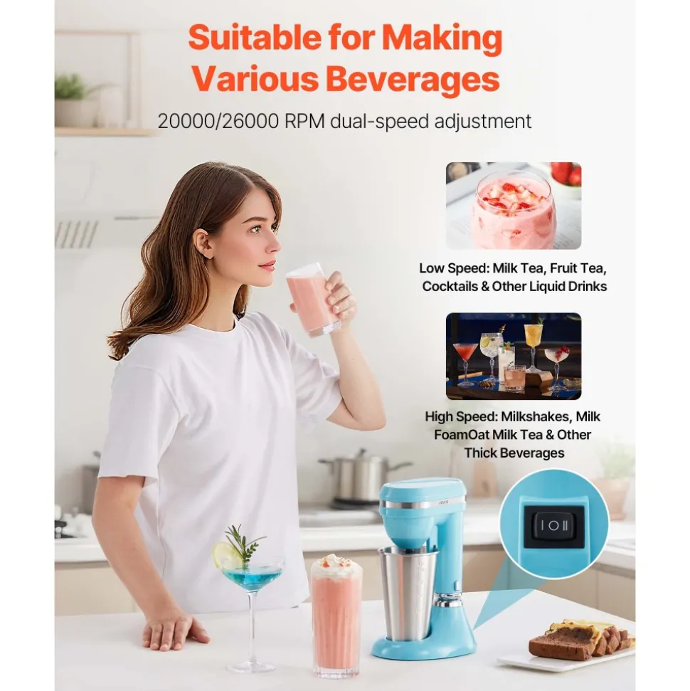VEVOR Milkshake Maker, 100W Milk Shake Maker Mixer, Single Head Drink Mixer Blender Machine, Dual-Speed Adjustment Milkshake Blender with Stainless Steel Cup, for Home, Kitchen, Bar & Beverage Shop