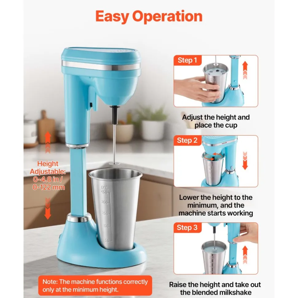 VEVOR Milkshake Maker, 100W Milk Shake Maker Mixer, Single Head Drink Mixer Blender Machine, Dual-Speed Adjustment Milkshake Blender with Stainless Steel Cup, for Home, Kitchen, Bar & Beverage Shop