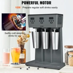 VEVOR Milkshake Maker, 375W x 3 Electric Milkshake Machine, Commercial Triple Heads Drink Mixer Blender, LED Intelligent Microswitch, 3-Speed Milkshake Mixer with 3 x 820 ml Stainless Steel Cups