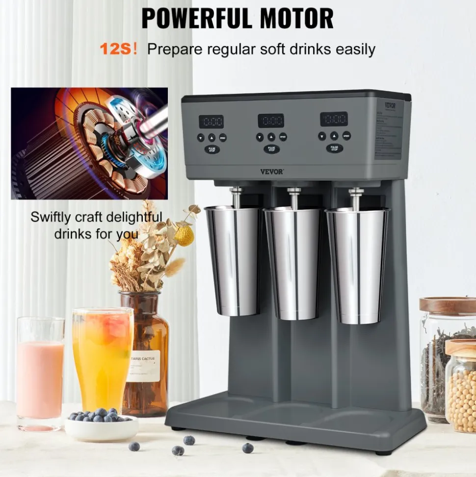 VEVOR Milkshake Maker, 375W x 3 Electric Milkshake Machine, Commercial Triple Heads Drink Mixer Blender, LED Intelligent Microswitch, 3-Speed Milkshake Mixer with 3 x 820 ml Stainless Steel Cups