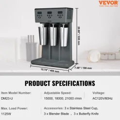 VEVOR Milkshake Maker, 375W x 3 Electric Milkshake Machine, Commercial Triple Heads Drink Mixer Blender, LED Intelligent Microswitch, 3-Speed Milkshake Mixer with 3 x 820 ml Stainless Steel Cups