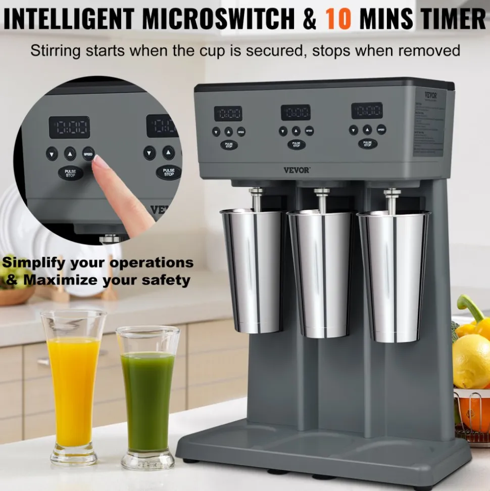 VEVOR Milkshake Maker, 375W x 3 Electric Milkshake Machine, Commercial Triple Heads Drink Mixer Blender, LED Intelligent Microswitch, 3-Speed Milkshake Mixer with 3 x 820 ml Stainless Steel Cups