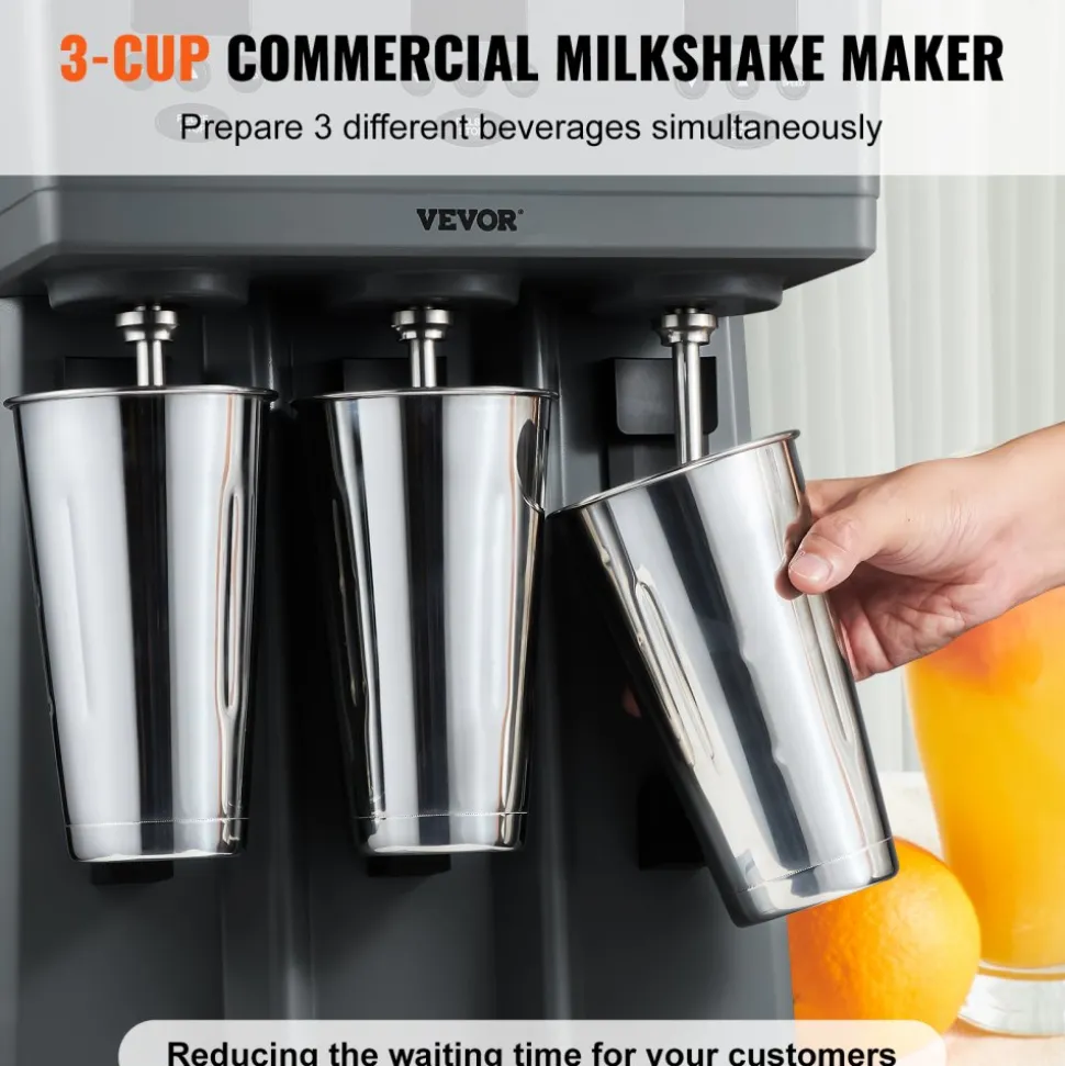 VEVOR Milkshake Maker, 375W x 3 Electric Milkshake Machine, Commercial Triple Heads Drink Mixer Blender, LED Intelligent Microswitch, 3-Speed Milkshake Mixer with 3 x 820 ml Stainless Steel Cups