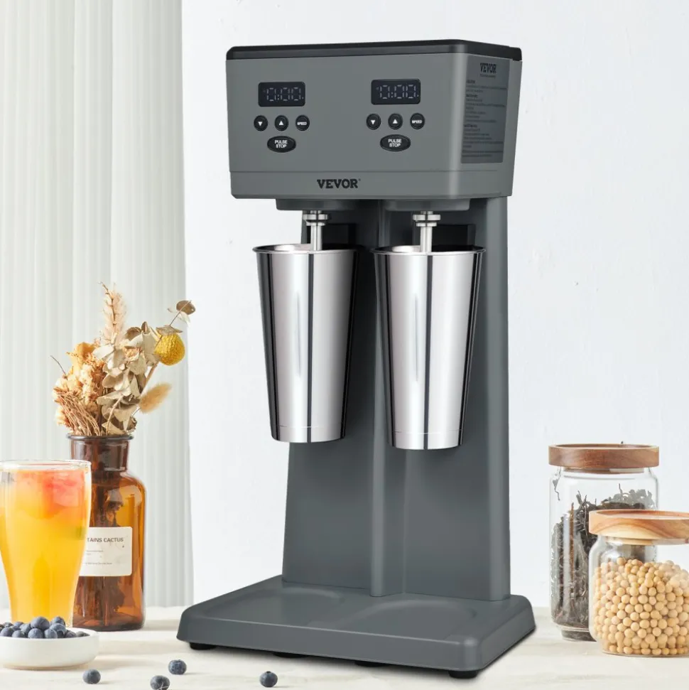VEVOR Milkshake Maker, 375W x 2 Electric Milkshake Machine, Commercial Double Heads Drink Mixer Blender, LED Intelligent Microswitch, 3-Speed Milkshake Mixer with 2 x 820 ml Stainless Steel Cups