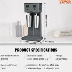 VEVOR Milkshake Maker, 375W x 2 Electric Milkshake Machine, Commercial Double Heads Drink Mixer Blender, LED Intelligent Microswitch, 3-Speed Milkshake Mixer with 2 x 820 ml Stainless Steel Cups