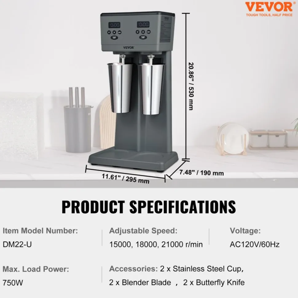 VEVOR Milkshake Maker, 375W x 2 Electric Milkshake Machine, Commercial Double Heads Drink Mixer Blender, LED Intelligent Microswitch, 3-Speed Milkshake Mixer with 2 x 820 ml Stainless Steel Cups