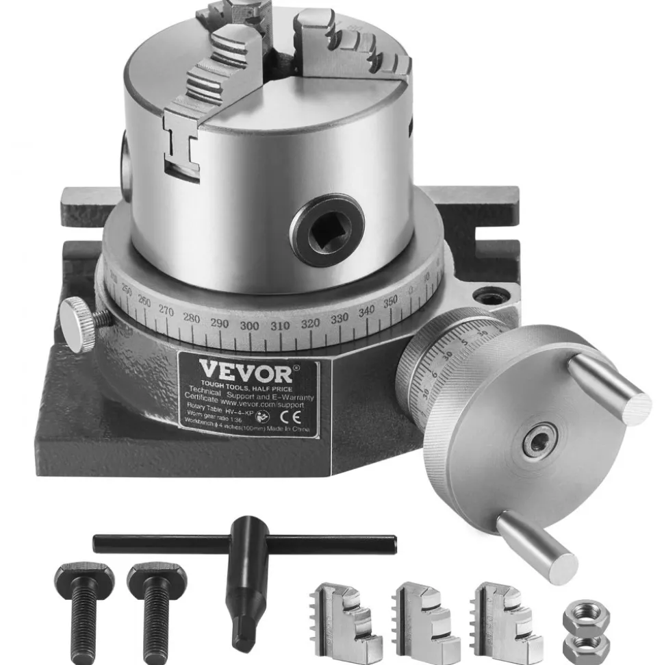 VEVOR Milling Machine Rotary Table, 4''/100 mm, Versatile Horizontal & Vertical Design, Precision Crafted, Includes 3.1''/80 mm 3-Jaw Chuck, M10 T-Bolts & Nuts, Ideal for Engineering & Indexing